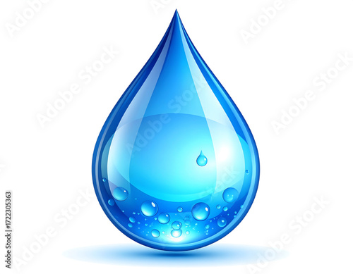 A single, glistening drop of pure blue water, reflecting light, with smaller droplets clinging to its surface.