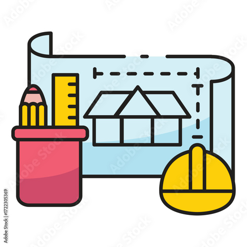 Architectural drawing with tools and hard hat