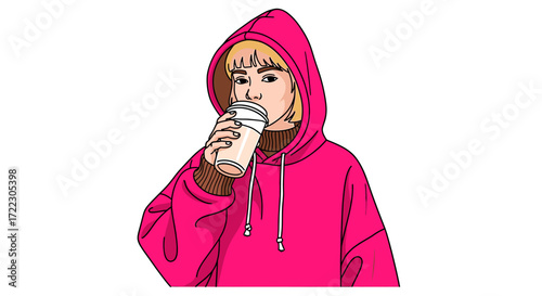 Illustration of a stylish young woman with blonde hair wearing a pink hoodie and drinking a beverage from a takeout cup on white background.