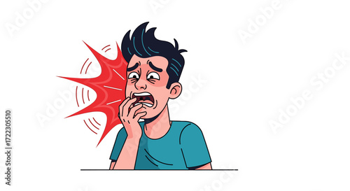 Young man suffering from severe toothache, holding his jaw in excruciating pain, indicating an urgent dental problem or oral health issue.