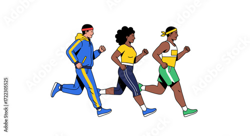 Diverse group of three people running together, enjoying a healthy lifestyle, engaging in sports and outdoor fitness activities for wellbeing