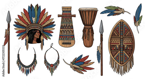 Native American tribal artifacts including headdress, spears, shield, drum, necklace, and stringed instrument, rich cultural heritage and symbolic representation of indigenous traditions