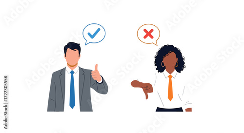 Business professionals showing thumbs up and thumbs down with checkmark and cross symbols, representing approval and disapproval in decision-making and feedback scenarios
