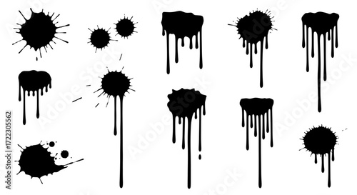 Collection of black ink splatters and drips, abstract shapes for graphic design and grunge effects, isolated on white background