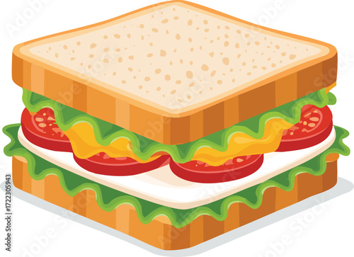 A healthy sandwich with cheese, tomato, and lettuce, shown in an isometric perspective. An isolated vector for lunch and food concepts. Generative AI