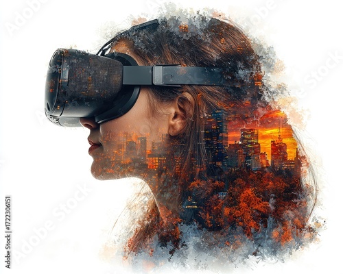 A person wearing VR headset, cityscape blended into their hair and features