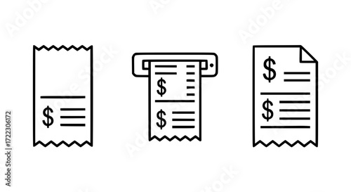 Illustration of set of three receipt icons, isolated on white background