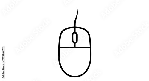 Illustration of simple outline drawing of a computer mouse with a cord, isolated on white background