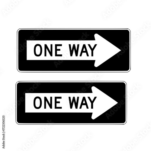 Illustration of two black and white one way street signs with white arrows pointing to the right, isolated on white background