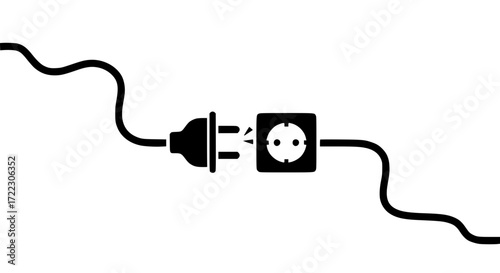 Illustration of black silhouette of an electrical plug and socket on a white background, isolated on white background