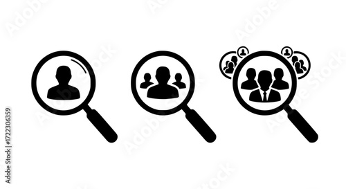 Illustration of magnifying glass searching for people icons, isolated on white background