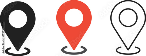 Location pin icon set, map marker symbols, GPS navigation elements, digital pointer graphics, vector design for travel and apps