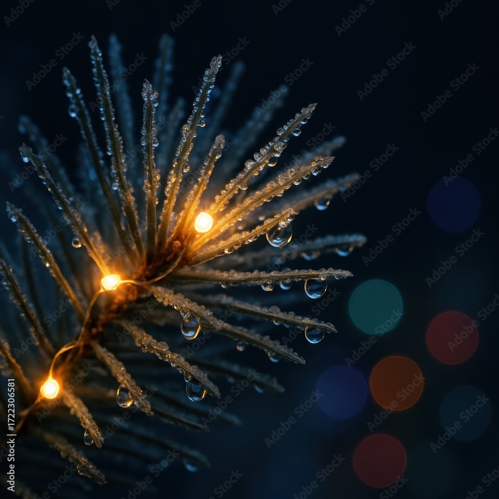 Obraz premium Macro of snow dusted evergreen needles wrapped in tiny warm fairy lights against a deep winter night with dreamy multicolor bokeh twinkles