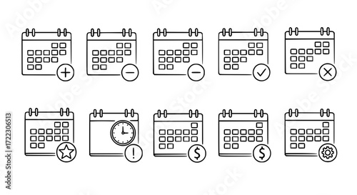 Illustration of collection of calendar icons with various symbols like plus, minus, checkmark, cross, star, clock, dollar, and gear isolated on white background