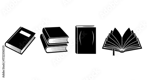 Illustration of collection of four black book icons, isolated on a white background, representing different book states and types