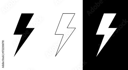 Illustration of three lightning bolt symbols in black, outline, and white on a split black and white background