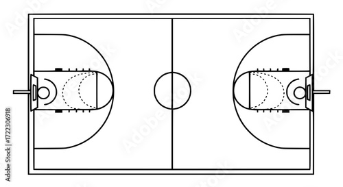 Illustration of top view diagram of a basketball court with markings and hoops, isolated on white background