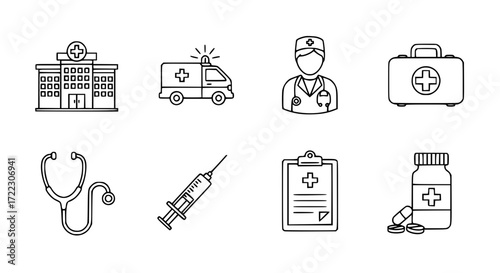 Illustration of set of medical icons including hospital, ambulance, doctor, first aid kit, stethoscope, syringe, clipboard, and pills isolated on white background
