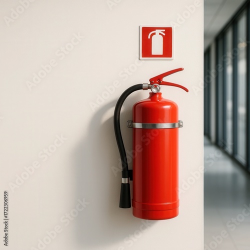 Red fire extinguisher mounted on white office corridor wall with safety sign minimal composition workplace emergency equipment compliance and hazard prevention