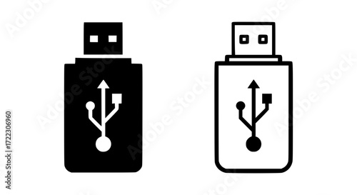 Illustration of two usb flash drive icons, one solid black and one outlined white, representing data storage and transfer technology