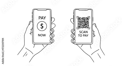 Illustration of two hands holding smartphones displaying payment options, one with pay now and the other with a qr code for scanning to pay, isolated on white background