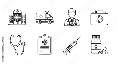 Illustration of set of medical icons including hospital, ambulance, doctor, first aid kit, stethoscope, clipboard, syringe, and medicine isolated on white background