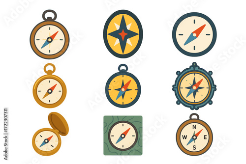 Travel and navigation flat icon set. featuring compass, direction, map, exploration, and adventure symbols