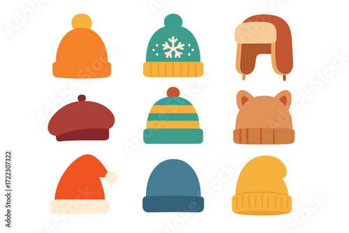 Winter hat silhouette icon set. featuring beanie, snowflake, trapper, beret, striped, santa, earmuff designs