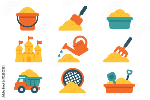 Beach fun flat icons set. featuring sand bucket, shovel, sandcastle, watering can, truck, sandbox, and seesaw