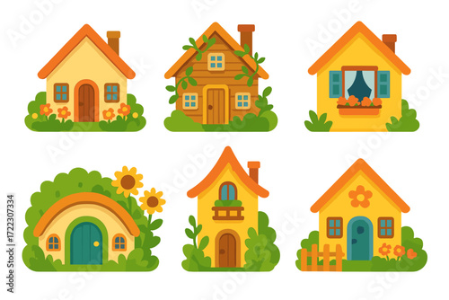 Fairy tale houses flat icon set. featuring cottage, villa, cabin, bungalow, mansion, and garden house designs