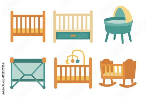 Baby furniture flat icon set. featuring cradle, crib, bassinet, playpen, mobile, rocking chair