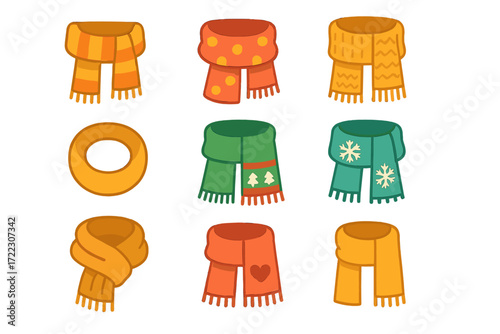 Winter scarves flat icon set. featuring stripes, polka dots, zigzag, infinity, trees, snowflakes, heart symbols