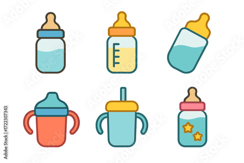 Baby bottles flat icon set. featuring different bottle styles, sippy cups