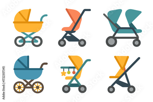 Baby transport silhouette icon set. featuring stroller, pram, carriage, buggy, cart, and wagon symbols
