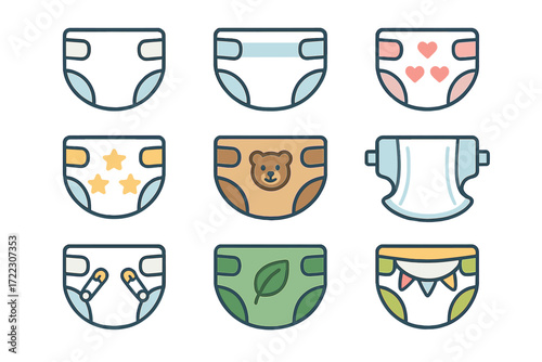 Baby diaper linear icon set. featuring plain, hearts, stars, bear, tape, pins, leaf, dinosaur designs