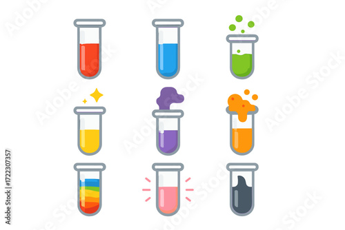 Science experiments flat icon set. featuring test tubes with liquid, chemicals, reactions, bubbles, and colors