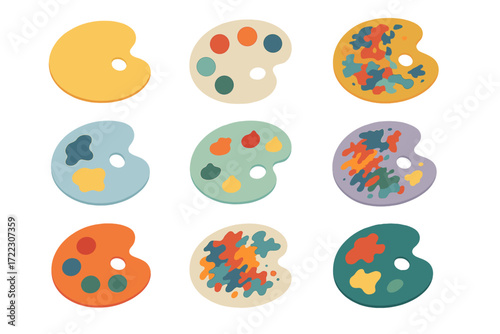 Art supplies flat icon set. featuring paint palette, watercolor, acrylics, oil paint, and color mixing tools