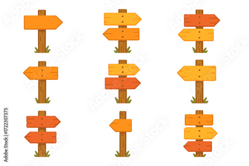 Direction signs flat icon set. featuring arrows, wooden, navigation, paths, destination, travel, guide, road signs
