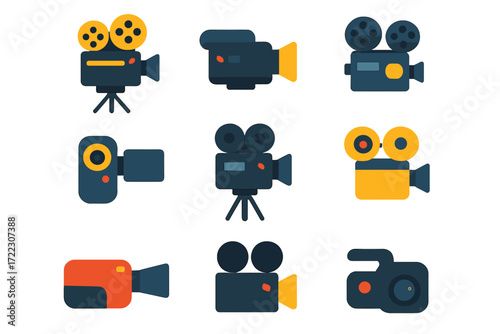 Filmmaking equipment flat icon set. featuring camera, camcorder, tripod, and lenses symbols