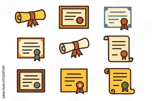 Education documents flat icon set. featuring diploma, certificate, award, and scroll symbols
