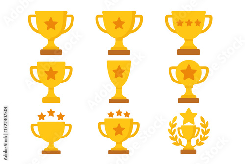 Trophy silhouette icon set. featuring single star, triple stars, and glowing effect symbols