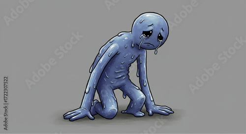 Melancholy blue blob-like creature kneeling and crying with visible sadness and distress