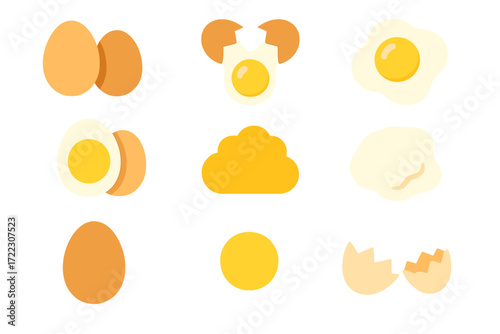 Egg silhouette icon set. featuring boiled, fried, cracked, scrambled, and whole eggs