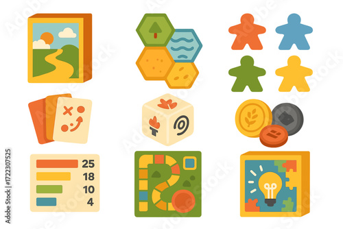 Board game flat icon set. featuring landscape, hex tiles, meeples, cards, dice, and tokens symbols