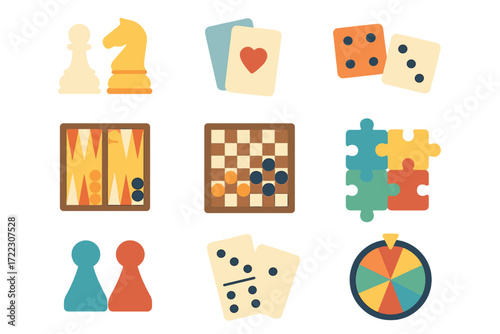 Games and recreation flat icon set. featuring chess, cards, dice, backgammon, puzzles, dominoes, roulette
