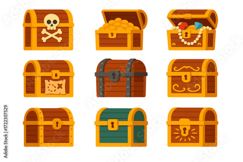 Treasure chests flat icons set. featuring gems, skull, lock, map, gold coins, and ornate designs