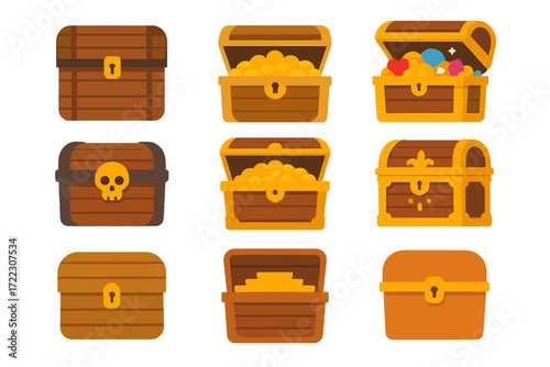 Treasure chests flat icon set. featuring locked chests, open chests, gold coins, and jewels