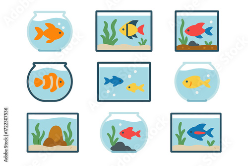 Aquarium fish flat icon set. featuring goldfish, clownfish, angelfish, guppy, and betta in tanks