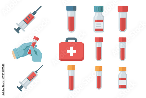 Medical equipment flat icon set. featuring syringe, blood sample, vial, first aid kit, and glove symbols