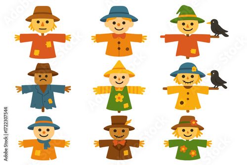 Autumn and halloween cartoon icon set. featuring scarecrows in different costumes